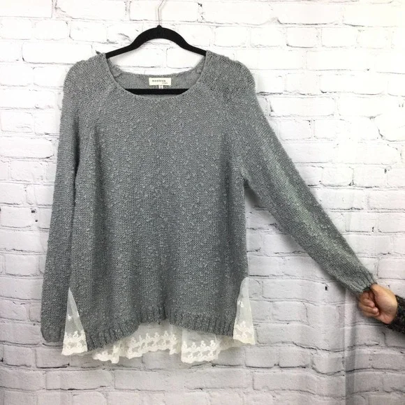 Monteau Los Angeles Grey Swiss Dot Lace Hem Boat Neck Pullover Sweater L - Picture 3 of 16